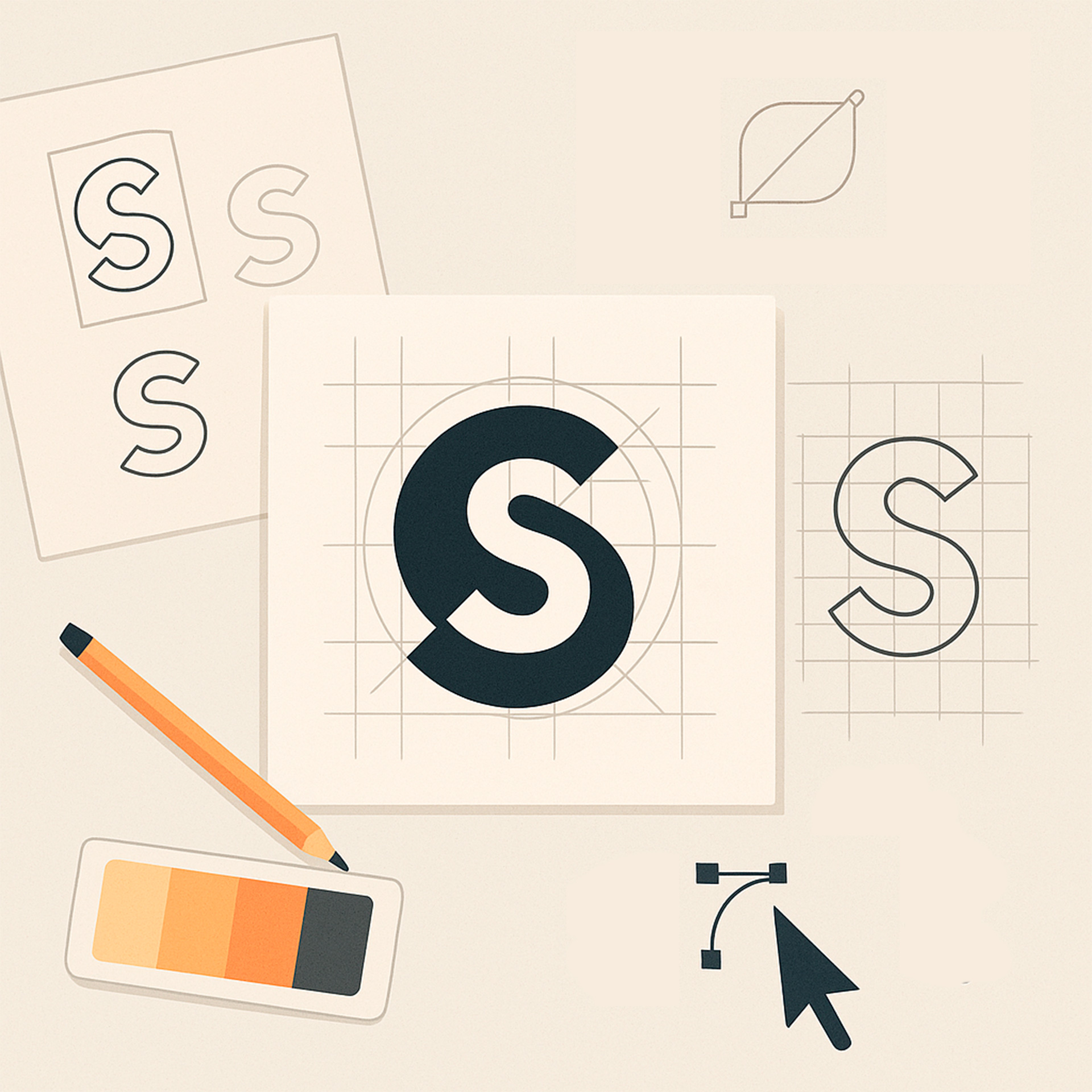 Illustration eines Logo-Designs mit dem Buchstaben „S“ und Design-Elementen.