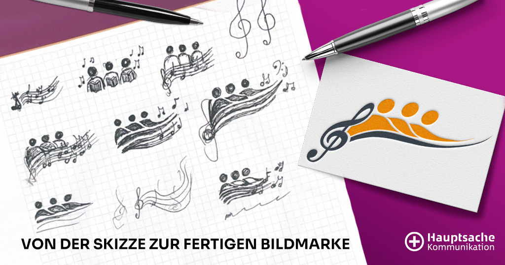 Skizzenprozess eines Musik-Logos auf kariertem Papier: Mehrere handgezeichnete Entwürfe mit Notenschlüssel, Notenlinien und stilisierten Chormitgliedern führen zu einem fertigen orange-grauen Logo auf einer Visitenkarte. Zwei silberne Kugelschreiber liegen auf dem Bild. Unten steht der Schriftzug ‚Von der Skizze zur fertigen Bildmarke‘ sowie das Logo von Hauptsache Kommunikation.