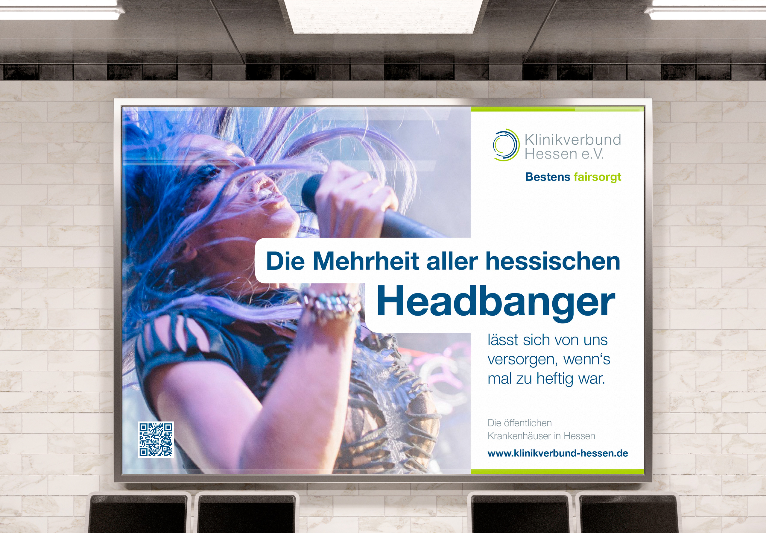 Klinikverbund Hessen Imagekampagne Plakatmotiv "Die Mehrheit aller hessischen Headbanger lässt sich von uns versorgen, wenn's mal zu heftig war."