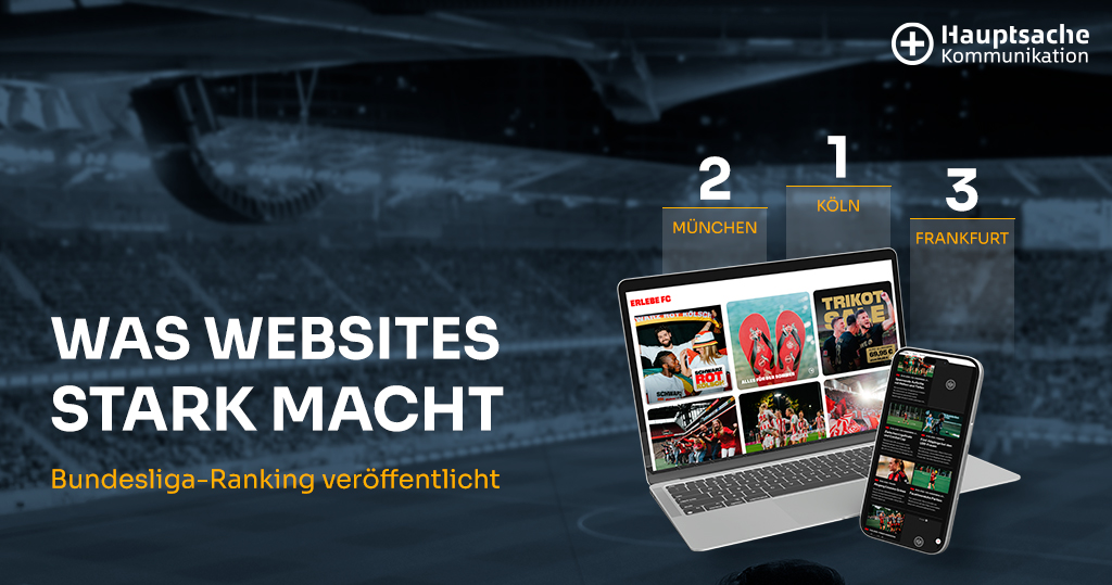 Grafik zum Bundesliga-Website-Ranking mit den Städten Köln, München und Frankfurt auf einem Siegerpodest sowie Laptop- und Smartphone-Darstellung moderner Fußball-Websites.