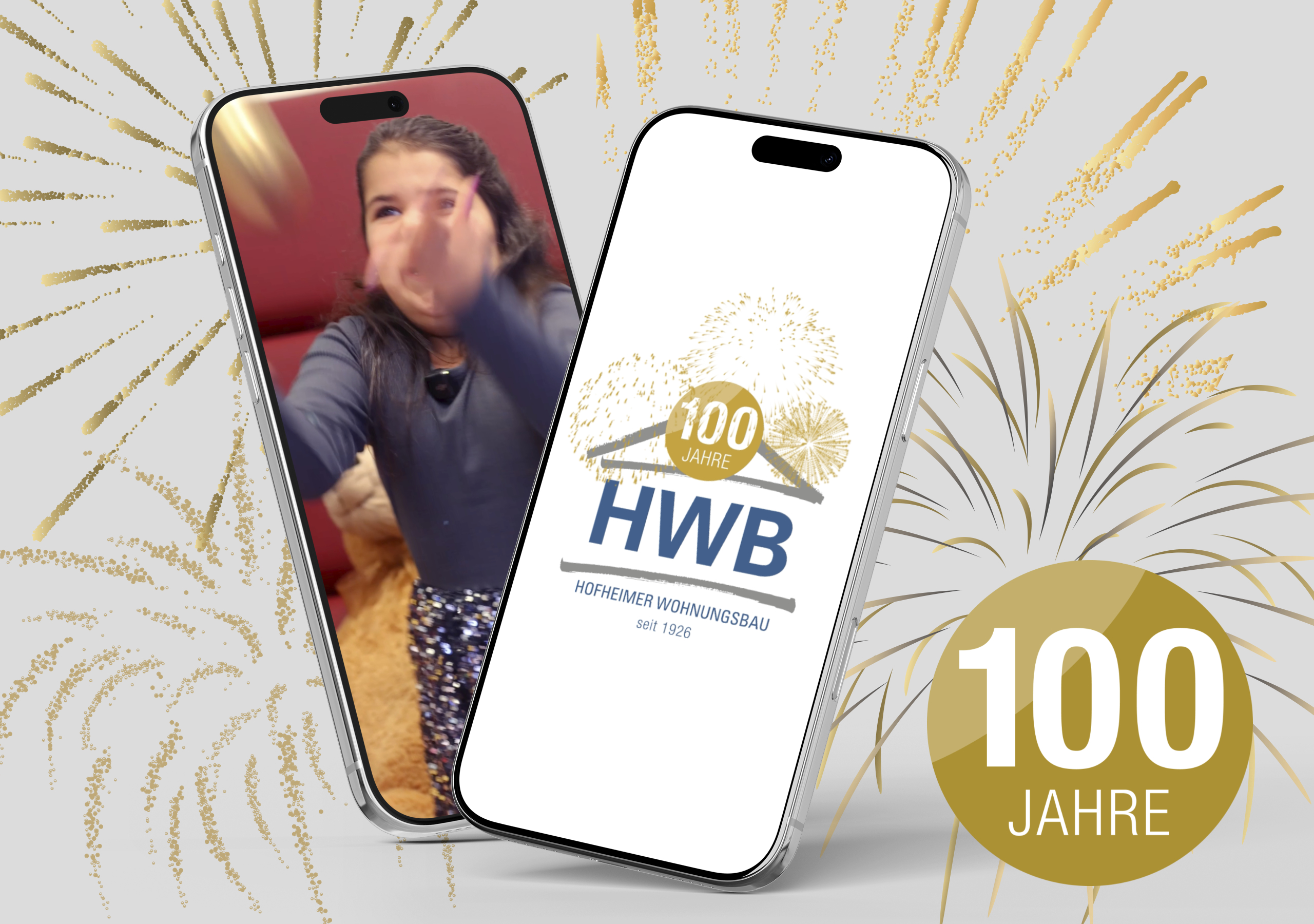 Grafik zum 100-jährigen Jubiläum der HWB mit zwei Smartphones, einem Videoclip und dem goldenen Jubiläumslogo der Hofheimer Wohnungsbaugesellschaft.